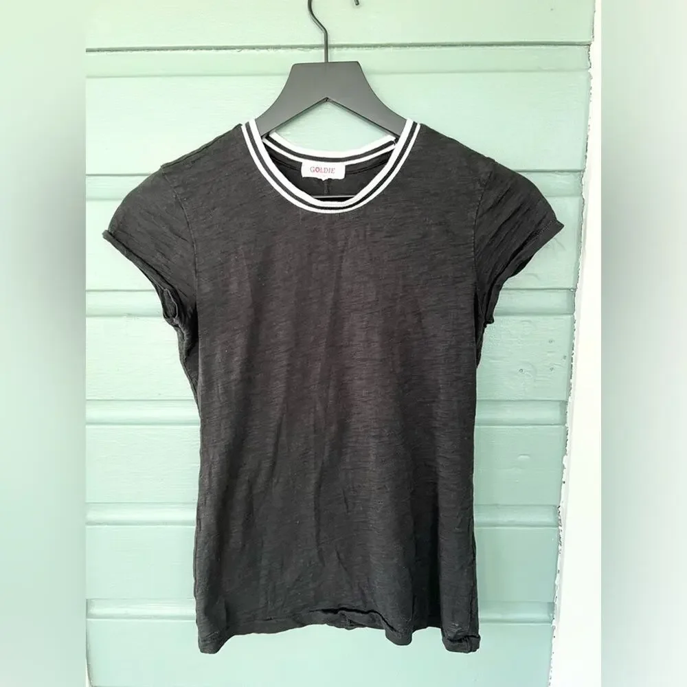 Goldie lewinter Black White Tipped Ringer Crew Pima Cotton T-Shirt Top XS fall
